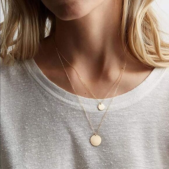 New Delicate 14k Gold Disc Layering Necklace Minimalist Layered Gold Chain - Picture 8 of 9